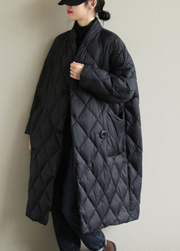 Street Black Stand Collar Button Pockets Winter Down Coat Long Sleeve Winter
