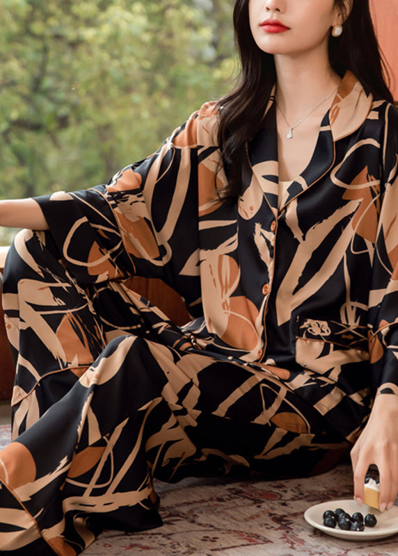 Khaki Peter Pan Collar Print Ice Silk Two Piece Set Spring