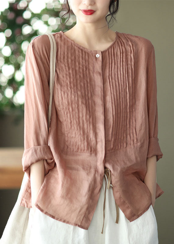Pink O Neck Patchwork Wrinkled Linen Shirts Spring