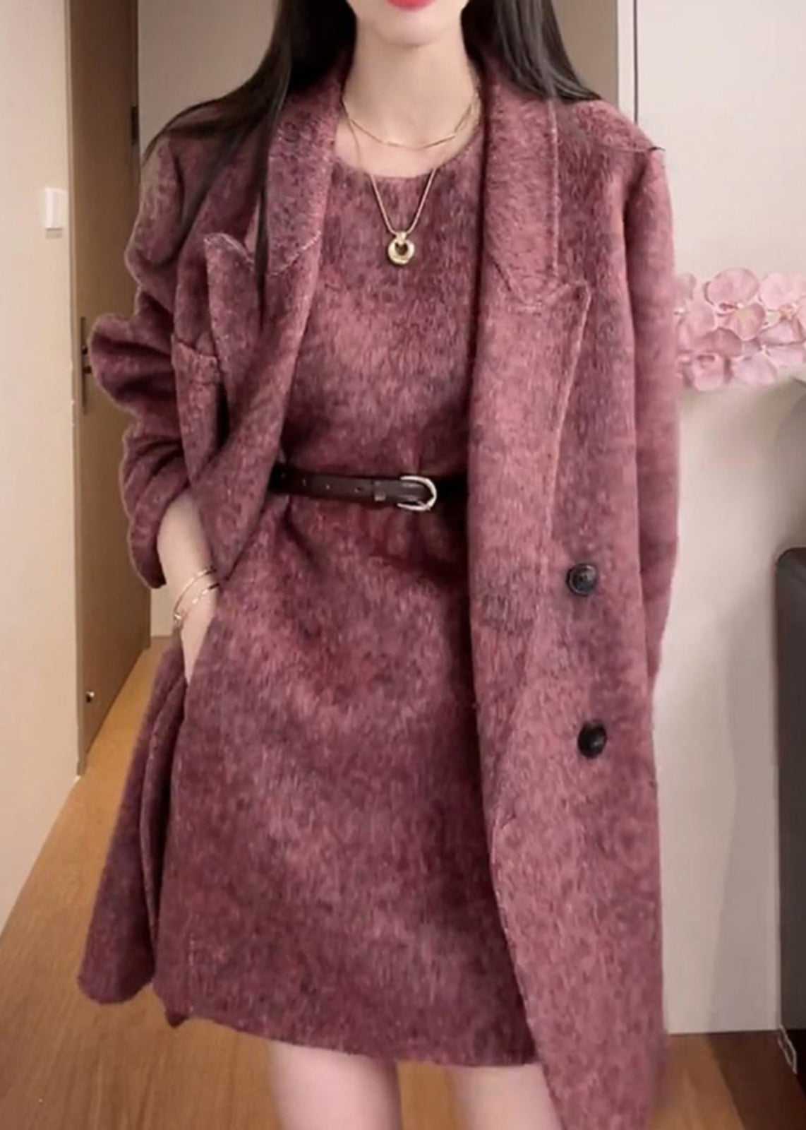 Purple Coat and Dress Woolen 2 Piece Outfit Winter