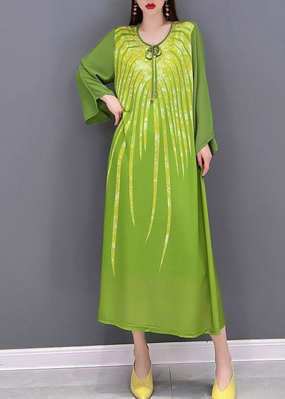 Green Chiffon Vacation Dress Appliques Lace Up Long Sleeve