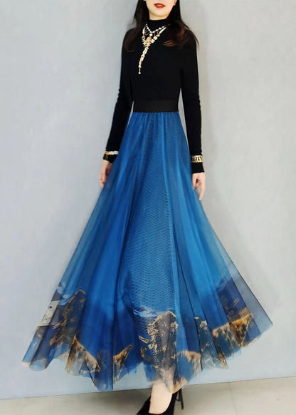 Blue Wrinkled Print Elastic Waist Tulle Skirt Spring