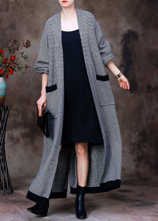 White V Neck Pockets Striped Knit Trench Coats Long Sleeve