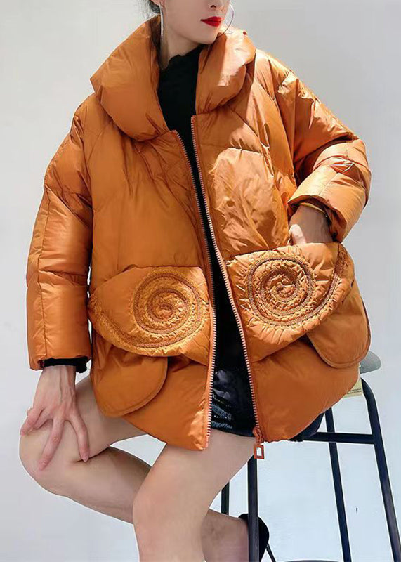 Orange Zip Up Pockets Patchwork Duck Down Down Coats Winter