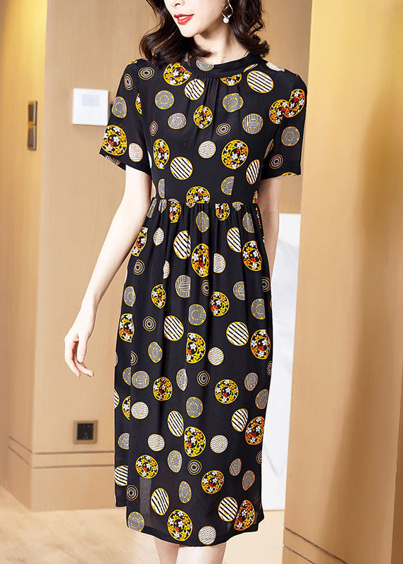 French Black Stand Collar Dot Print Silk Vacation Pleated Dresses Short Sleeve
