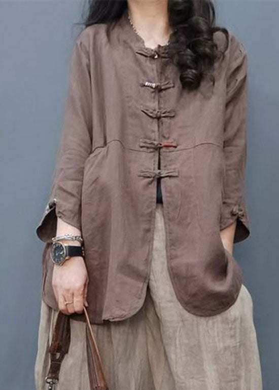 Chocolate Mandarin Collar Button Cotton Linen Coat Long Sleeve