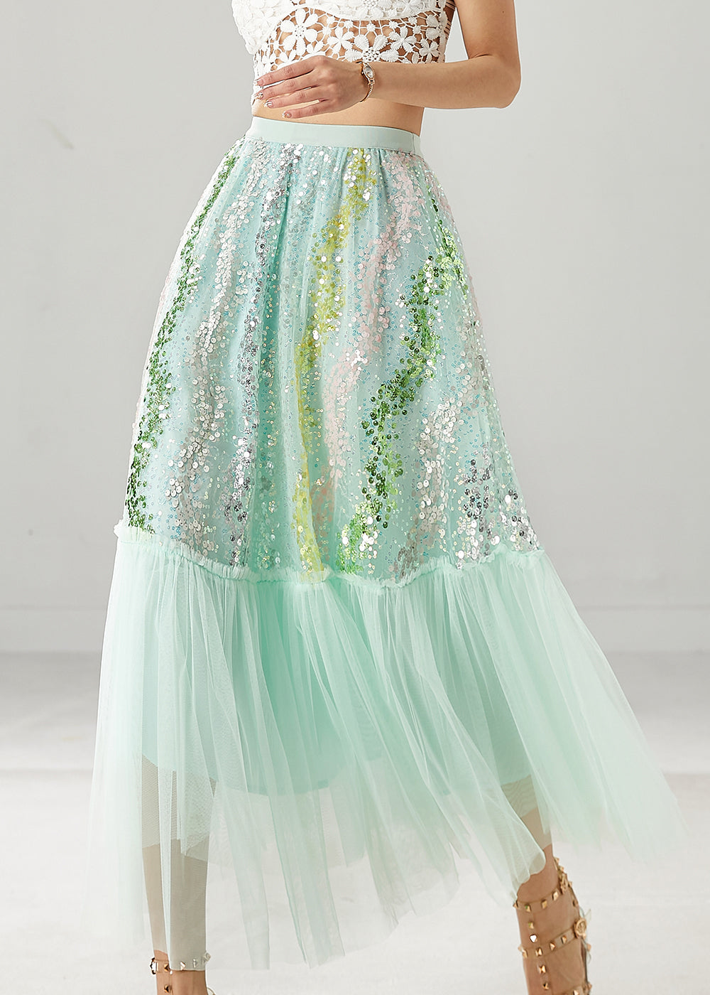 Green Patchwork Tulle a Line Skirts Sequins Spring