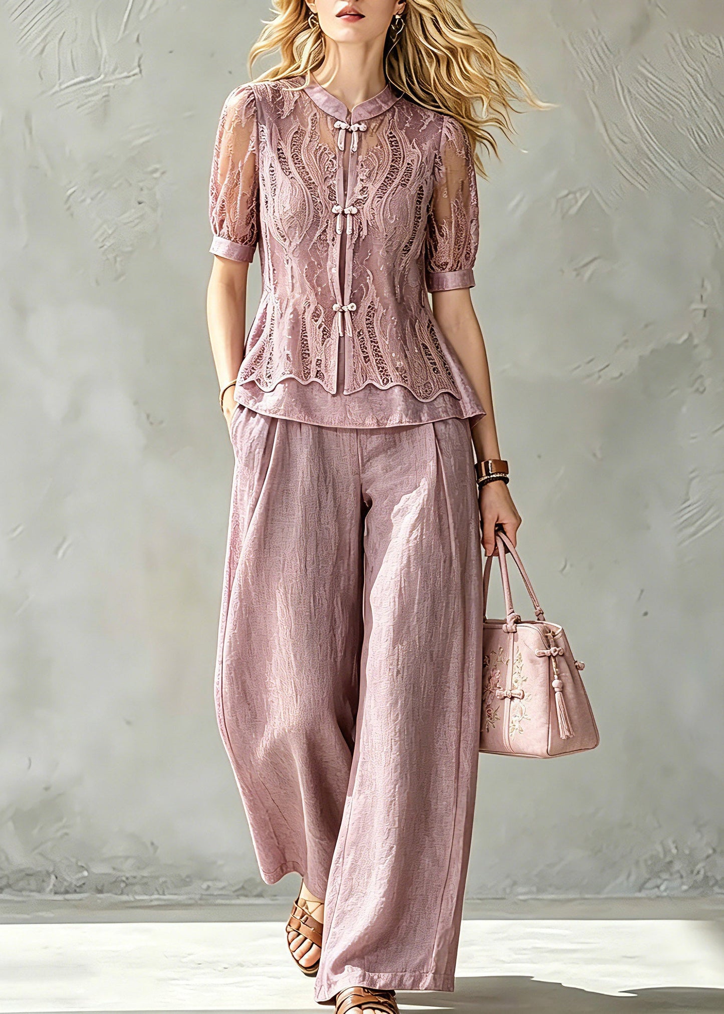 Handmade Stand Collar Lace Patchwork Chiffon Shirt and Wide Leg Pants Two Pieces Set Summer