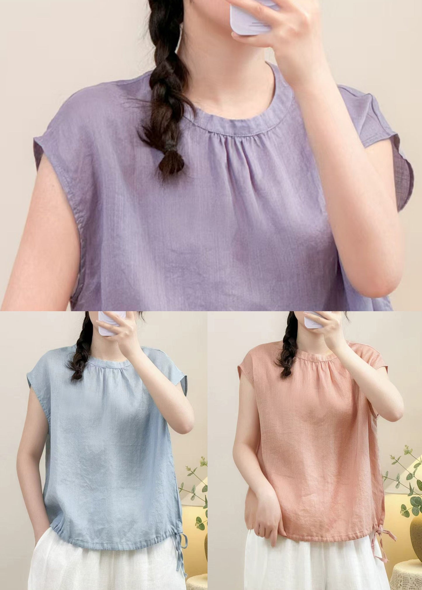 Blue Button Lace Up Linen Shirts Summer