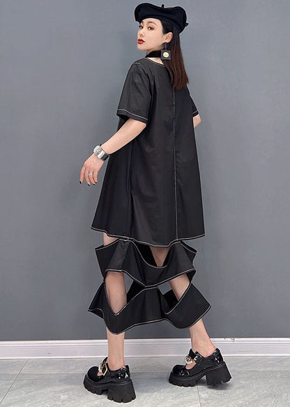 Black O-neck Ripped Patchwork Long Dress Short Sleeve