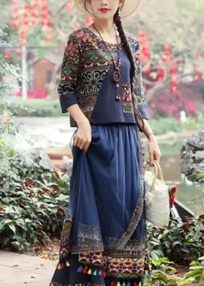 Blue O-neck Print Top Ang Skirts Two Piece Set Fall