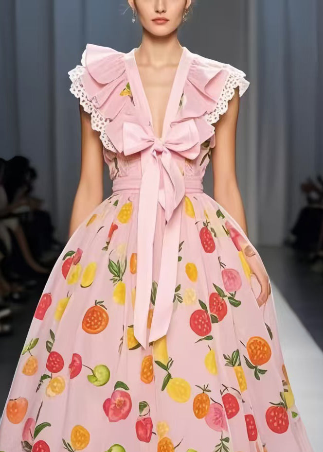 Pink Print Bow Exra Large Hem Chiffon Party Dress Sleeveless