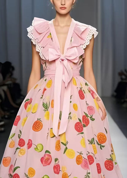 Pink Print Bow Exra Large Hem Chiffon Party Dress Sleeveless