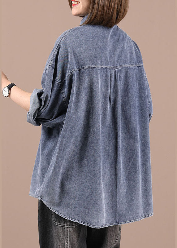 Blue Peterpan Collar Pockets Button Fall Coat Long Sleeve