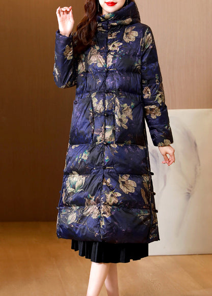 Purple Stand Collar Print Chinese Button Duck Down Puffer Coat Winter