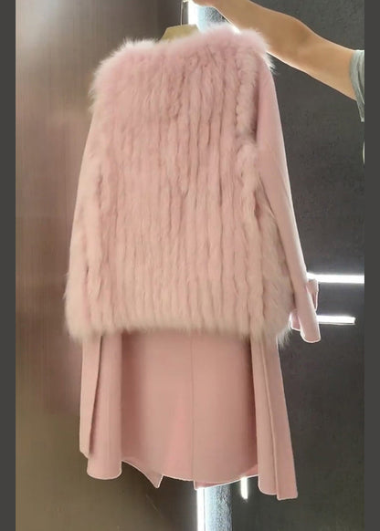 Italian Pink Fuzzy Fur Fluffy Waistcoat and Coat Woolen Sets 2 Pieces Winter