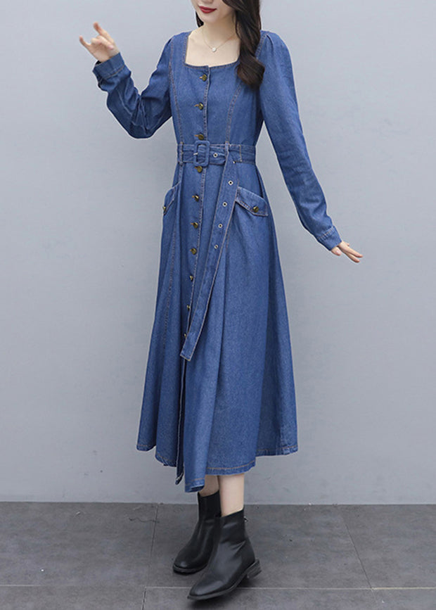 Fitted Blue Square Collar Button Sashes Pocket Cotton Denim Dress Long Sleeve