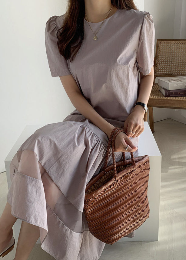 Classy Champagne O-neck Wrinkled Tulle Patchwork Maxi Dress Short Sleeve