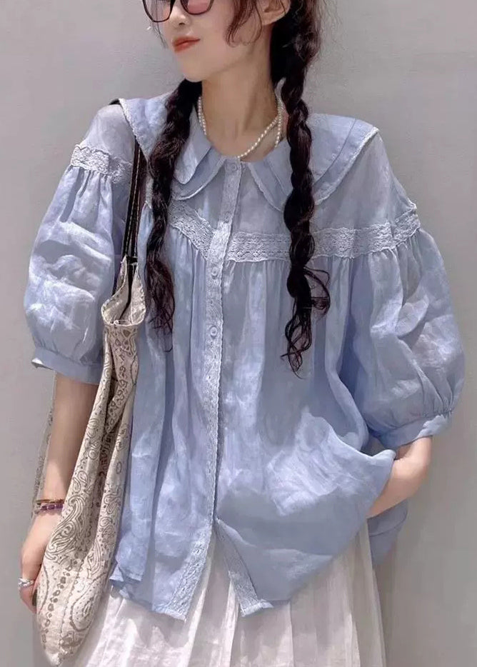 Blue Peter Pan Collar Lace Cotton Blouses Half Sleeve Fall