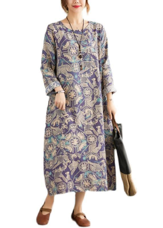 Loose Photo Color O-neck Print Pockets Dress Long Sleeve
