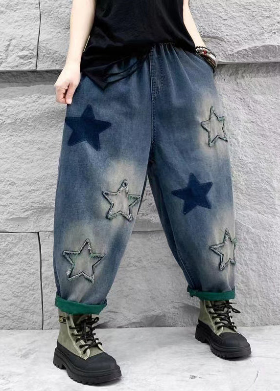 Blue Five Pointed Star Patch Elastic Waist Denim Harlan Pants Spring