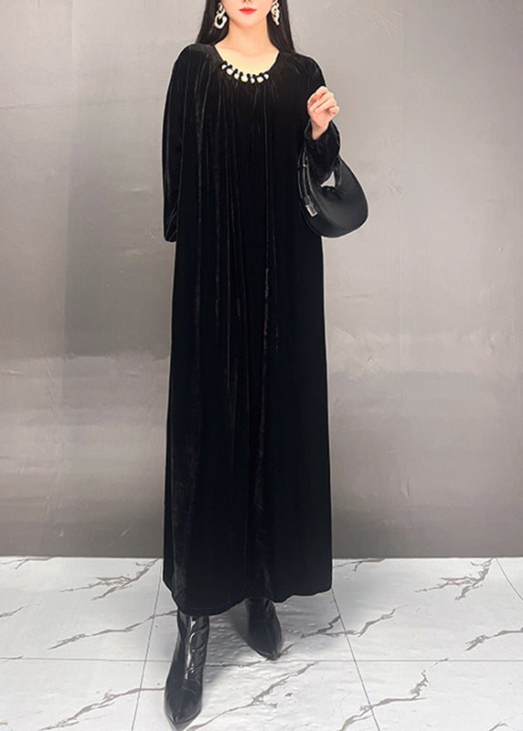 Handmade Rose O-neck Wrinkled Velour Maxi Dresses Fall