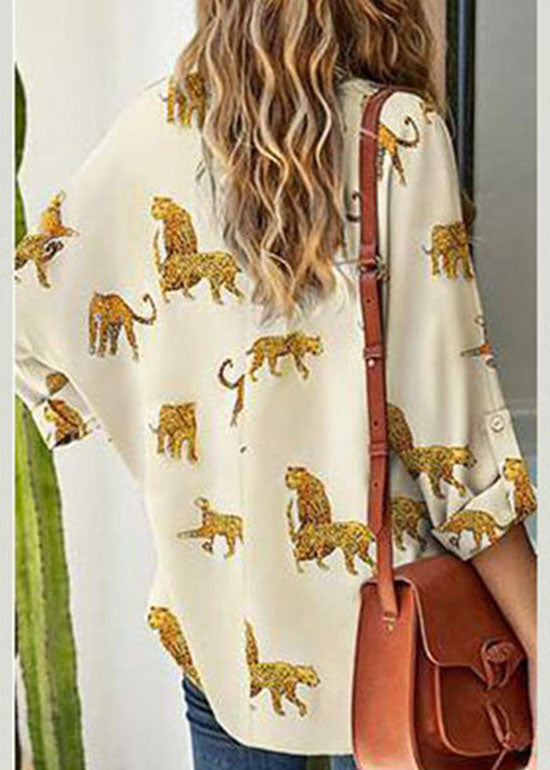 Italian Light Yellow V Neck Animal Print Chiffon Shirt Long Sleeve