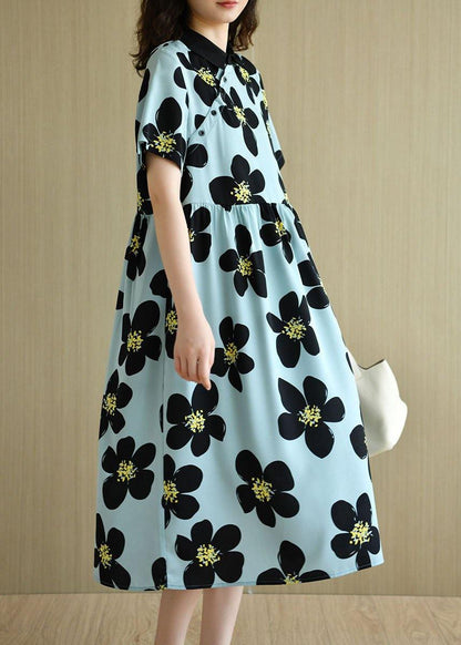 French Blue Peterpan Collar Button Summer Print Short Sleeve Dress