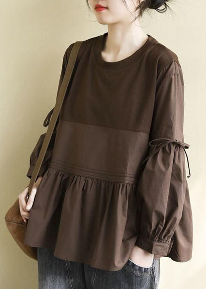 Chocolate O-neck Patchwork Wrinkled Cotton Top Long Sleeve