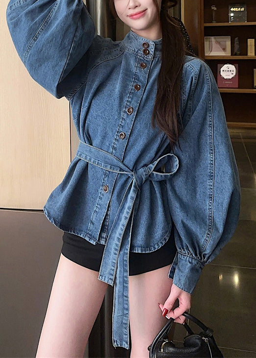 Blue Button Tie Waist Denim Shirt Lantern Sleeve