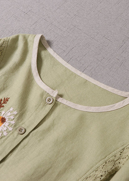 Light Green O-neck Embroideried Patchwork Dress Spring