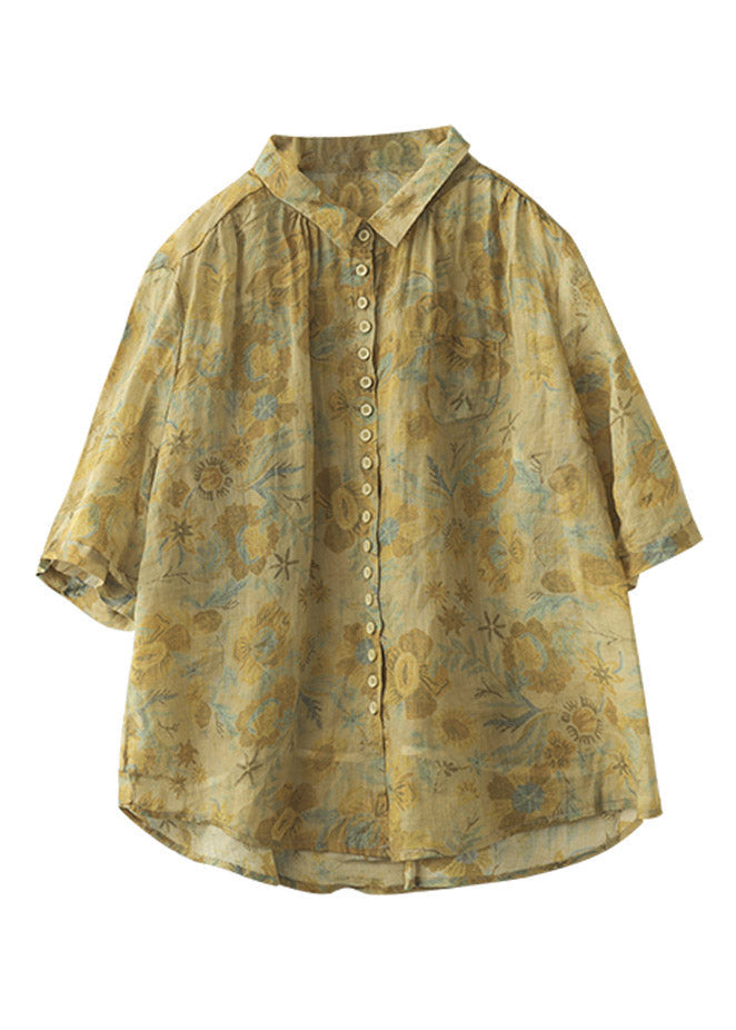 Yellow Peter Pan Collar Print Linen Shirt Half Sleeve