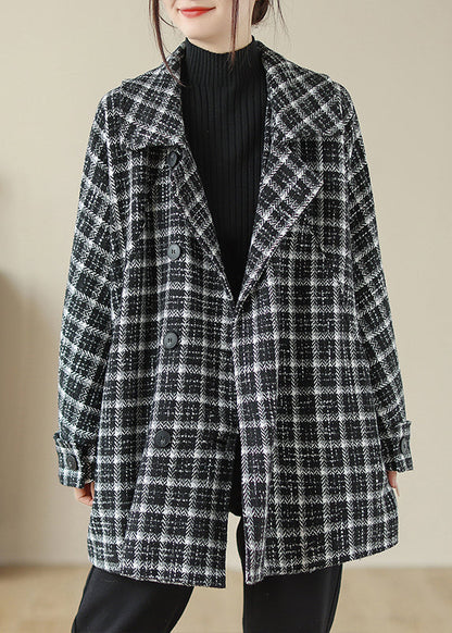 Black Plaid Peter Pan Collar Pockets Woolen Jacket Fall
