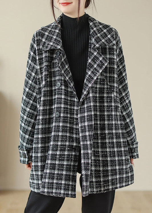 Black Plaid Peter Pan Collar Pockets Woolen Jacket Fall
