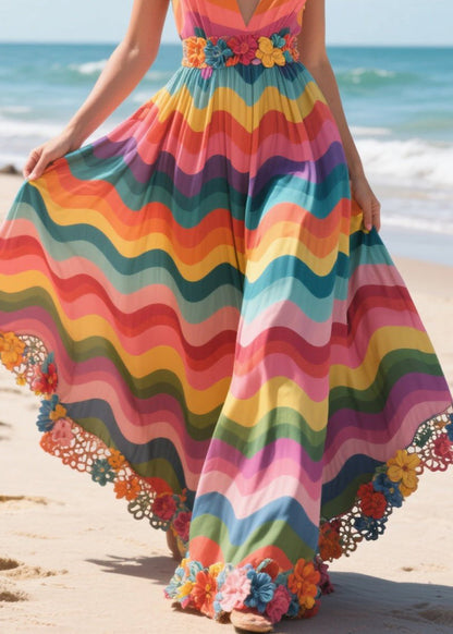 Multicolour Striped Patchwork Lace Vacation Dresses Deep-v Neck Summer