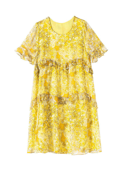 Yellow O-neck Patchwork Ruffles Print Chiffon Holiday Dress Summer