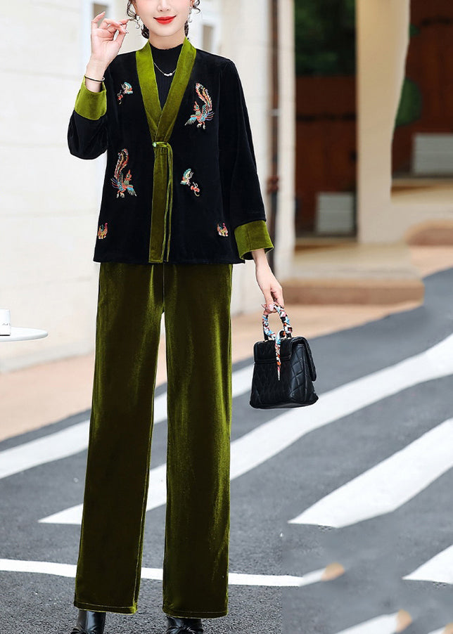Green V Neck Embroideried Silk Velour Coats and Pants Two Piece Set Fall