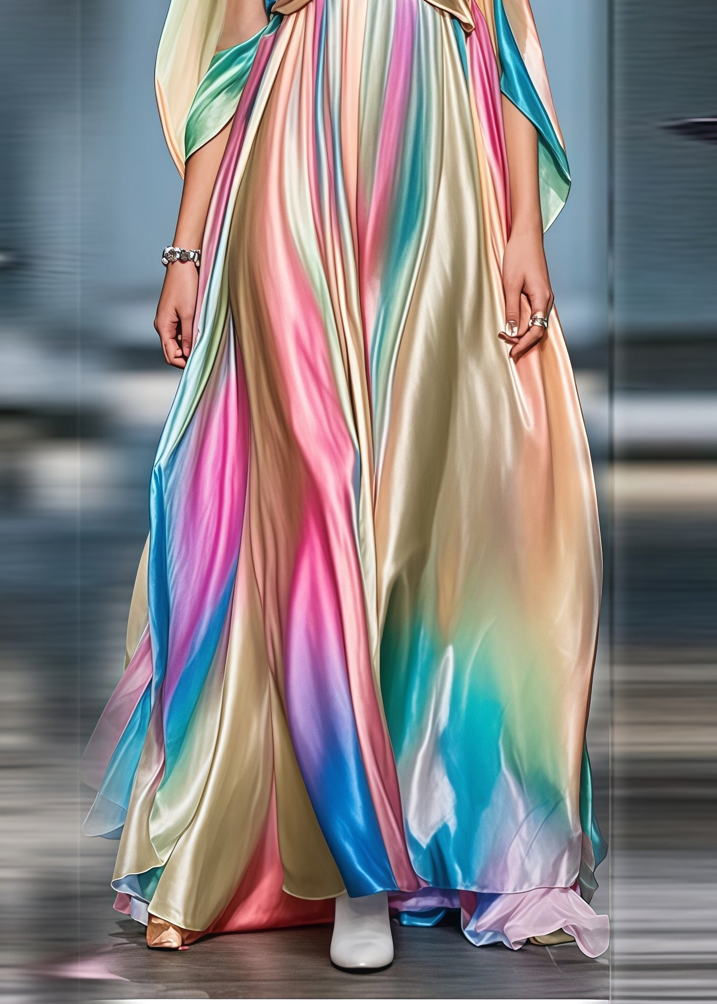 Gradient Color Cold Shoulder Exra Large Hem Silk Party Dress Summer