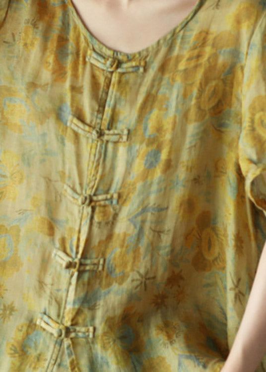 Yellow O-neck Button Linen Short Sleeve