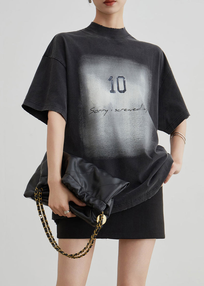 Black O Neck Print Cotton T Shirt Summer