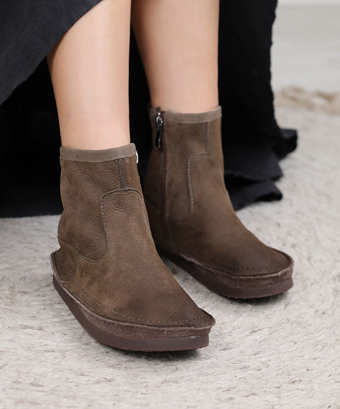 Soft Grey Zippered Boots Cowhide Leather Cross Strap Boots