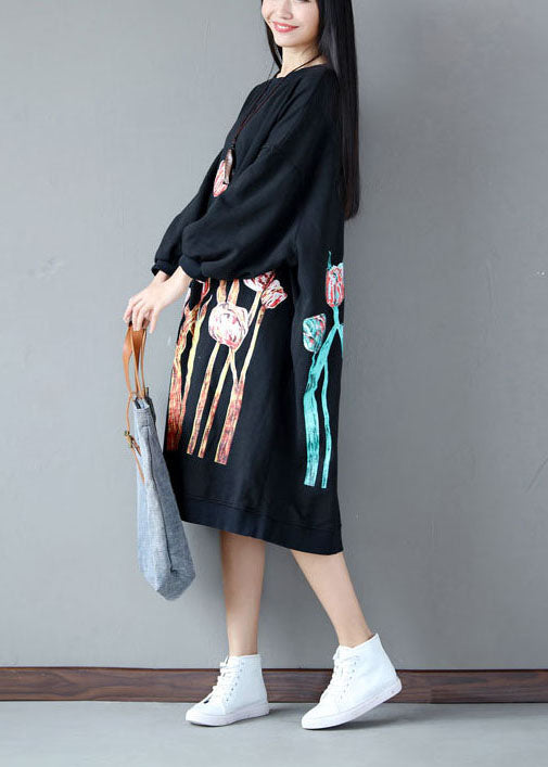 Black O-neck Oversized Print Cotton Sweatshirt Dress Spring
