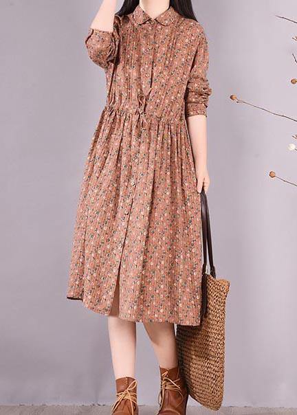 French Brown Print Dresses Lapel Drawstring Maxi Spring Dress