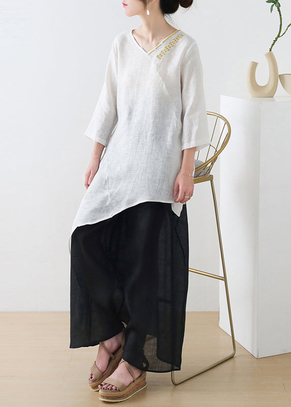 French White V Neck Embroideried Linen Shirt Tops Three Quarter Sleeve