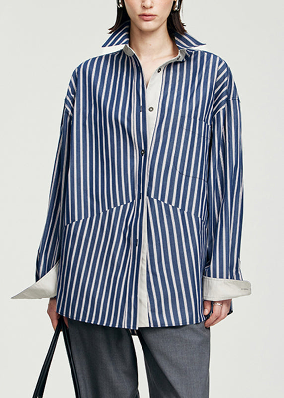 Blue Striped Patchwork Button Top Long Sleeve
