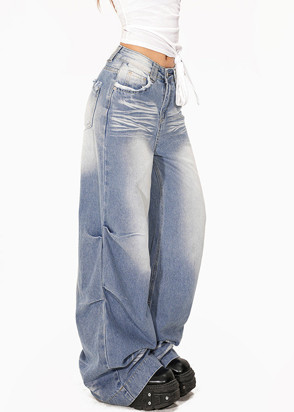 Light Blue Wrinkled Pockets Patchwork Wide Leg Jeans