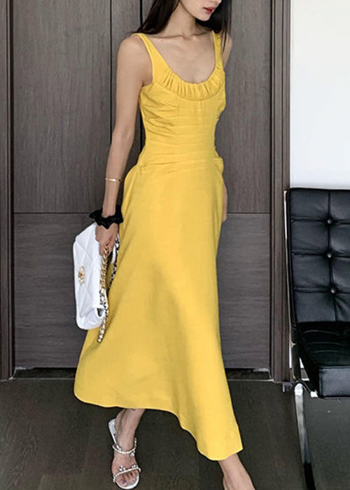 Yellow Wrinkled Cotton Spaghetti Strap Dress Sleeveless