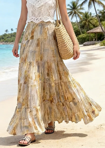 Light Yellow Wrinkled Print Patchwork Chiffon Skirts Summer