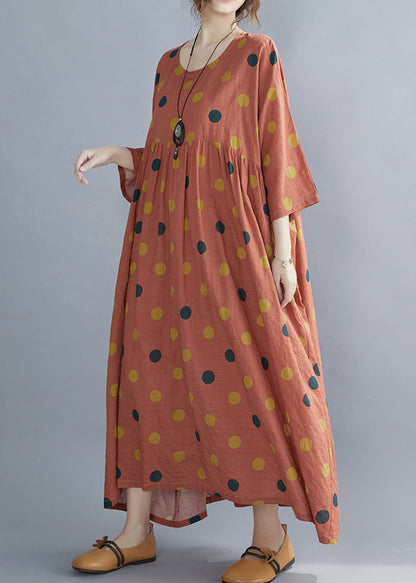 Orange Patchwork Wrinkled Maxi Dresses Bracelet Sleeve