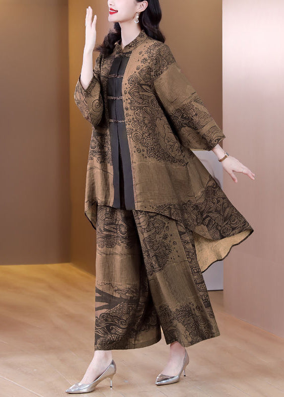 Coffee Print Low High Design Chinese Button Silk Two Pieces Set Spring